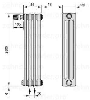 Схема (чертеж) Радиатор Zehnder Charleston 4280/4 №V007 Белый глянцевый RAL 9016